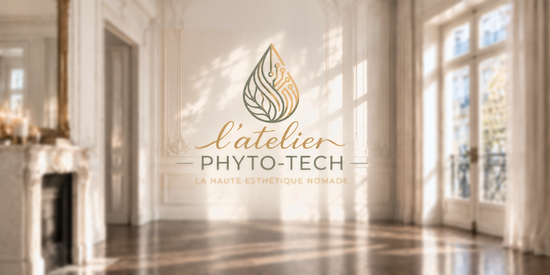 Photographie lumineuse de l’univers L’Atelier Phyto-Tech avec le logo officiel au centre